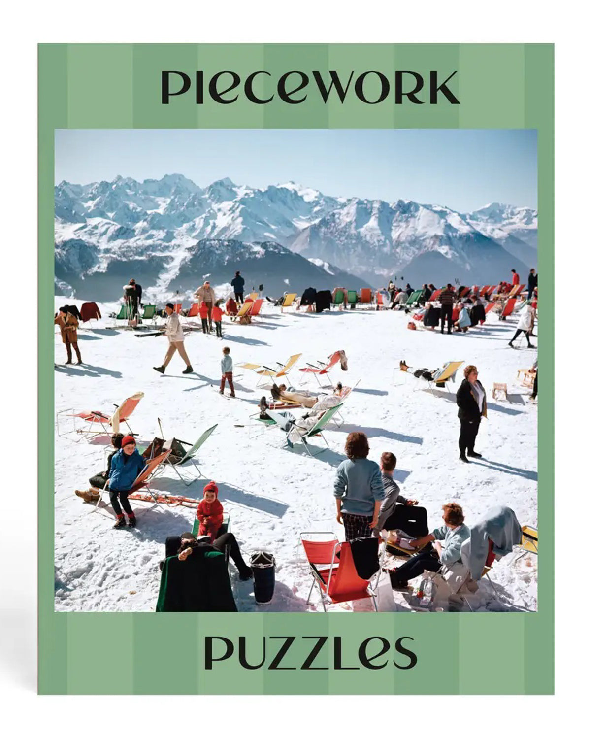 Verbier Vacation puzzle image of skiers on a sunny slope, framed by the Piecework Puzzles name