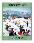 Verbier Vacation puzzle image of skiers on a sunny slope, framed by the Piecework Puzzles name