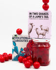 Photo of the In Two Shakes of a Lamb’s Tail sayings deck stacked on a jar of red maraschino cherries, next to the Evolutionary Curiosities knowledge card deck with festive holly berry decorations