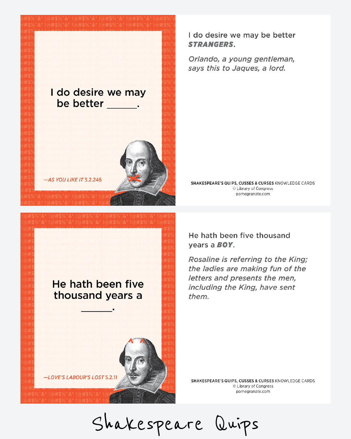 Example cards from the Shakespeare quiz deck showing fill-in-the-blank Shakespeare quotes and explanatory answers on the back