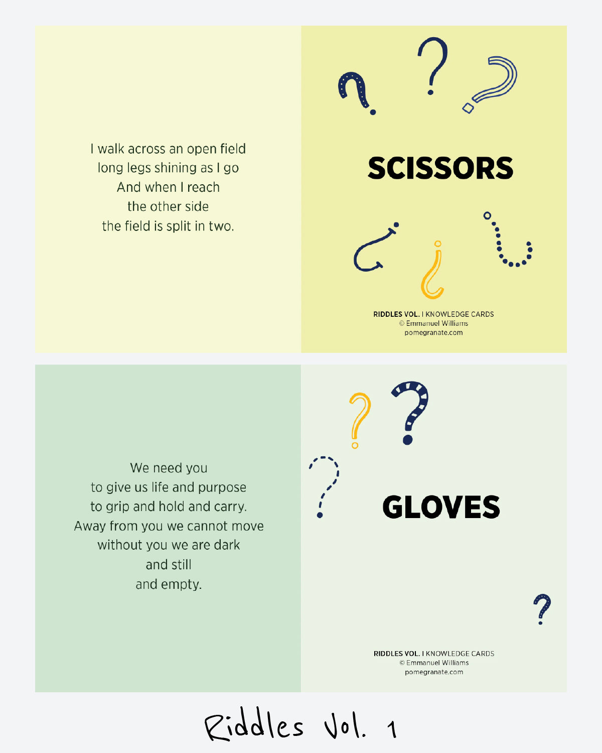 Riddle cards from Riddles Vol. 1 showing poetic clues on one side and the answers—scissors and gloves—on the other.