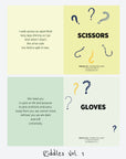 Riddle cards from Riddles Vol. 1 showing poetic clues on one side and the answers—scissors and gloves—on the other.