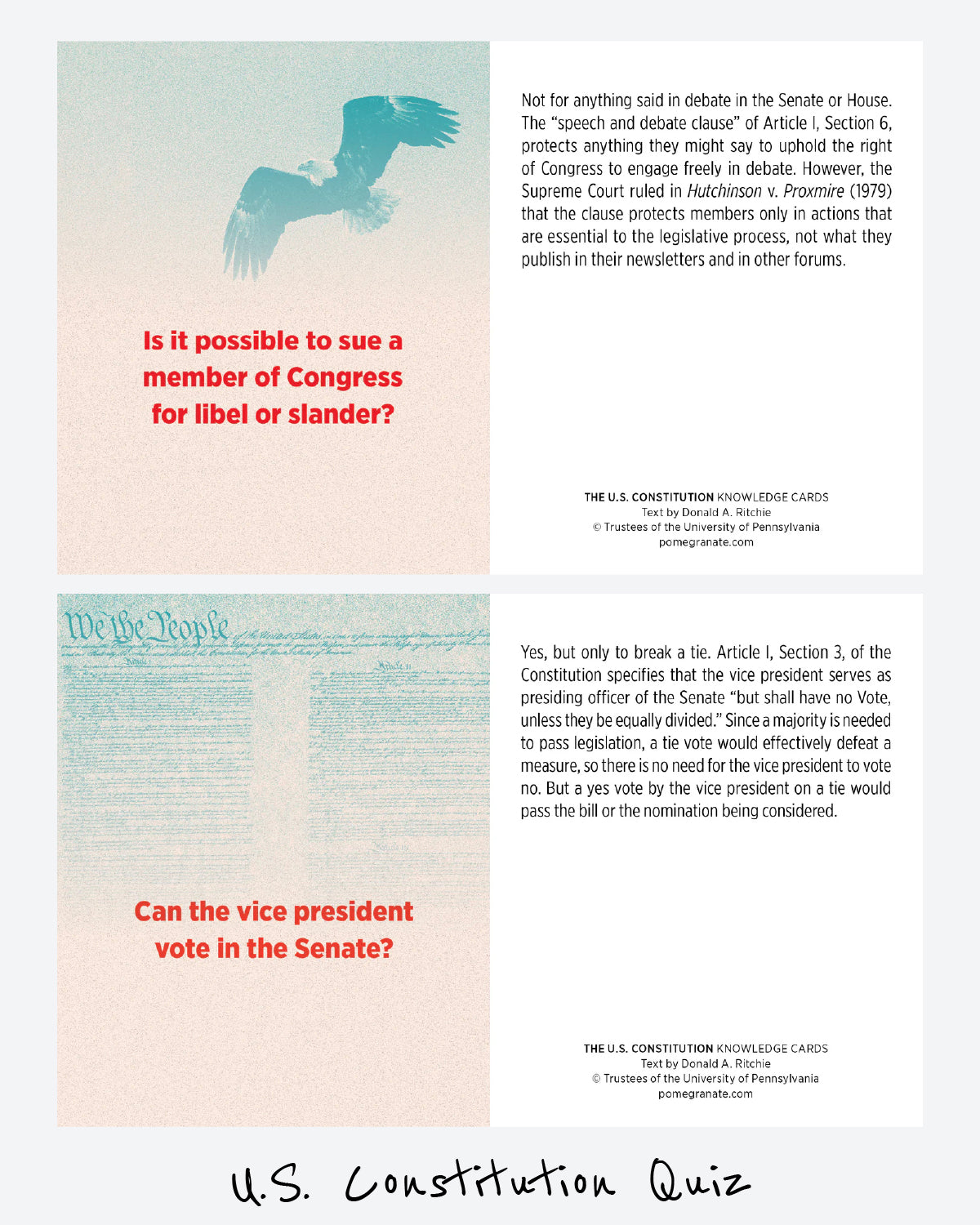 Sample cards from The U.S. Constitution quiz deck featuring questions about Congressional immunity and whether the vice president can vote in the Senate.