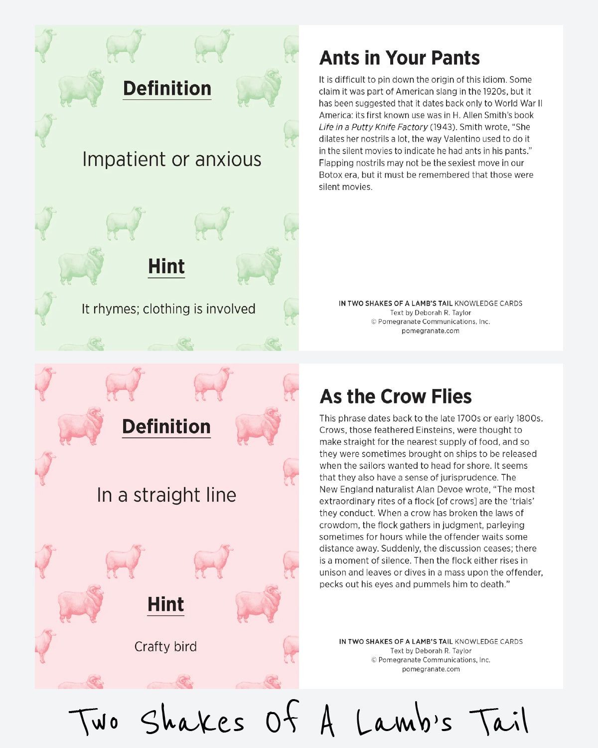Example cards from the In Two Shakes of a Lamb’s Tail deck showing definitions, hints, and origins of idiomatic phrases like ‘scarcer than hen’s teeth