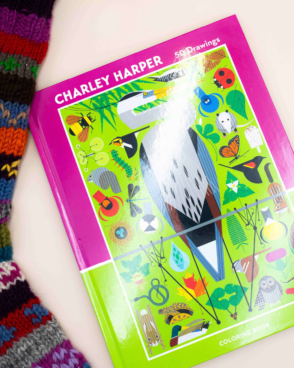 Charley Harper coloring book in hardcover with a heron and birds on a bright green cover