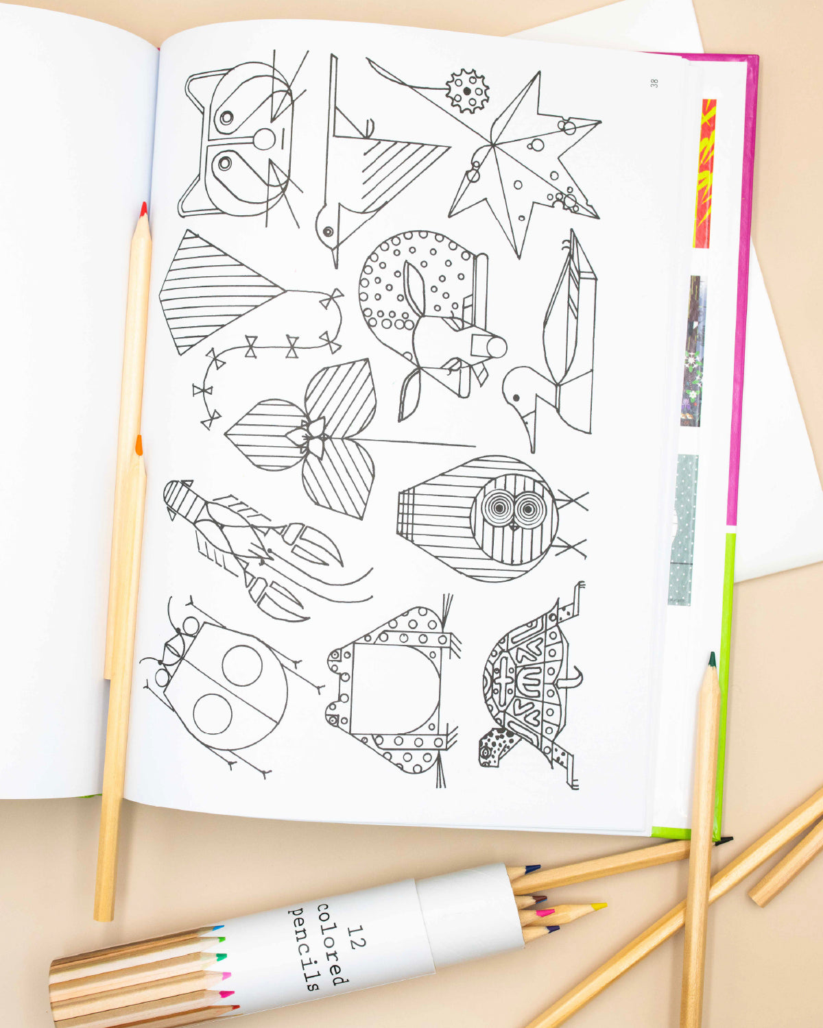 Open Charley Harper coloring book with outlined birds and animals and colored pencils