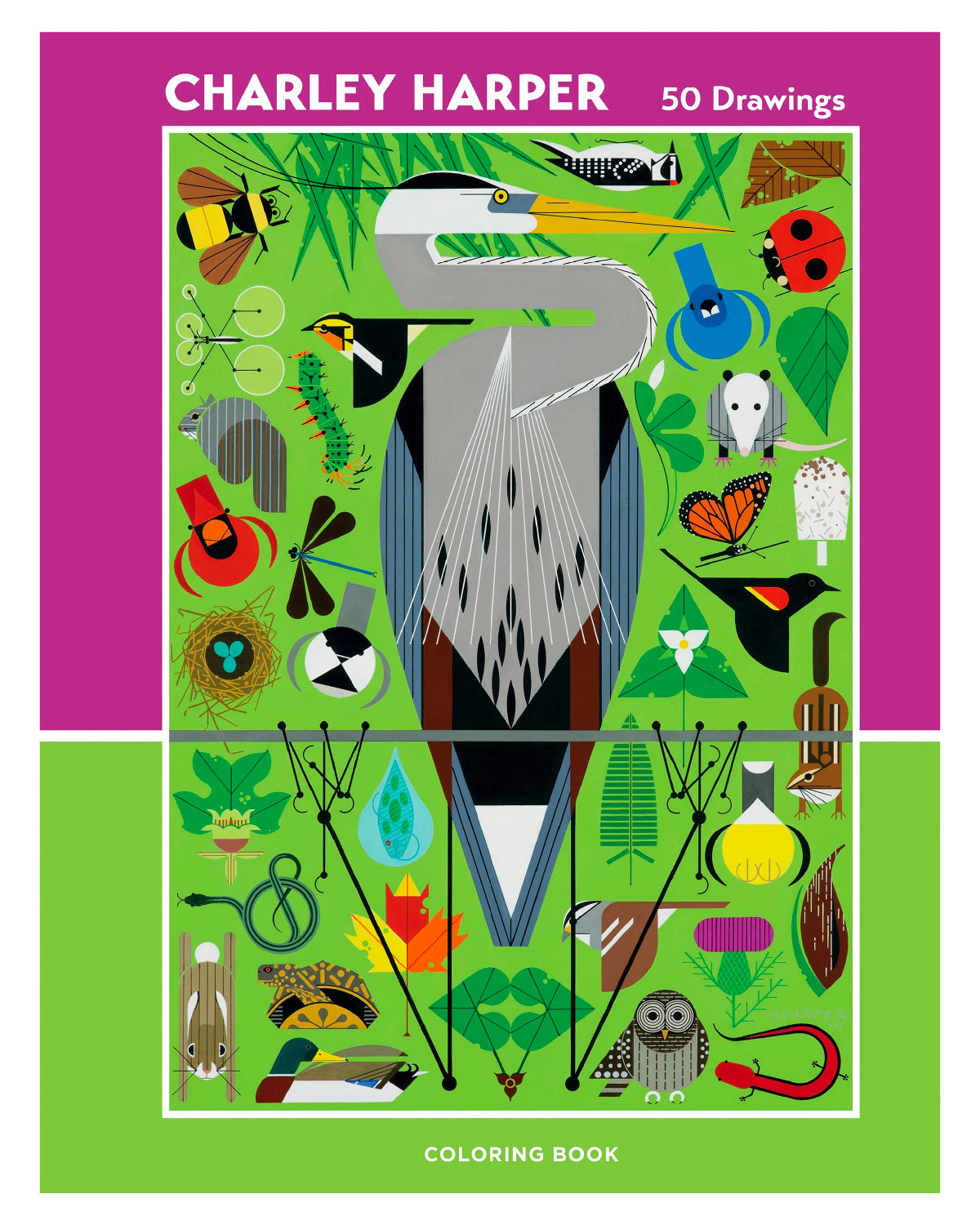 Cover of the Charley Harper coloring book of 50 drawings, with a gray heron on green