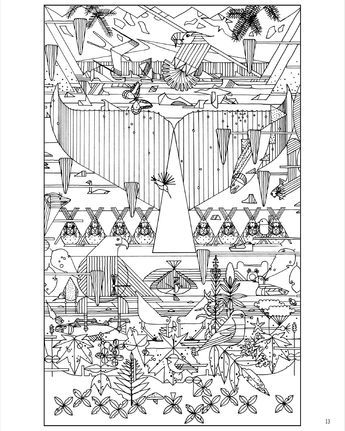 Detailed black and white Charley Harper coloring page of a whale and seabirds