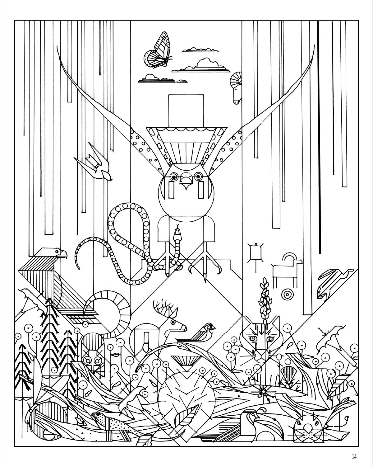 Black and white Charley Harper coloring page of a forest scene with birds, deer and a snake