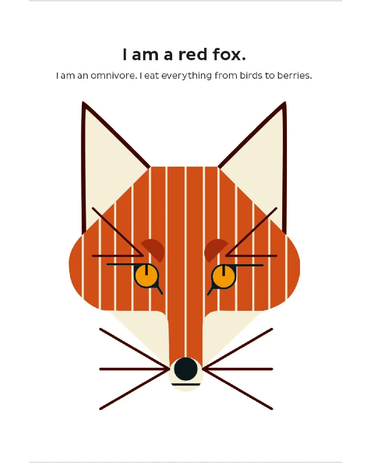 Charley Harper red fox face built from geometric stickers, with the caption I am a red fox
