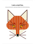 Charley Harper red fox face built from geometric stickers, with the caption I am a red fox
