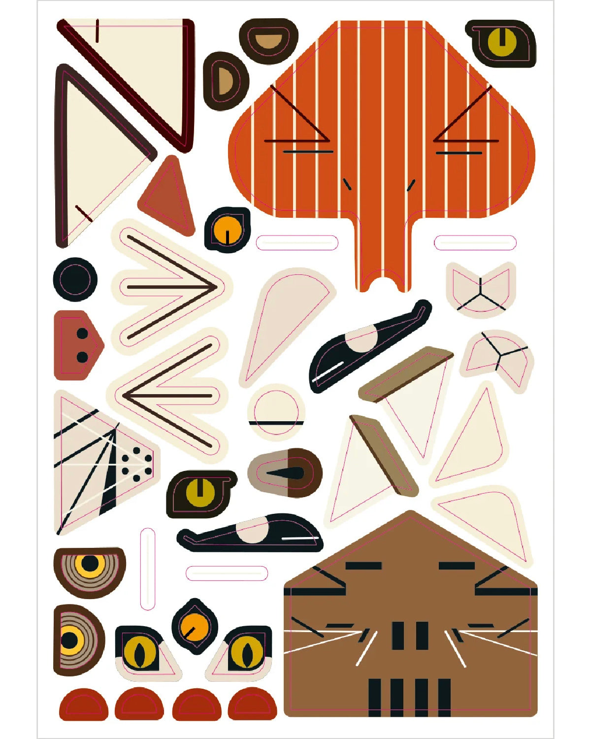 Sheet of Charley Harper sticker pieces for a fox and beaver in orange, brown and cream