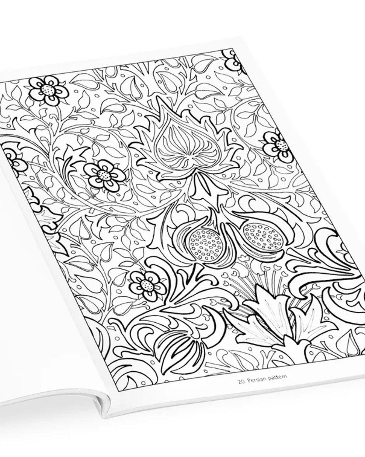 Open William Morris coloring book page of pomegranate and flower line art