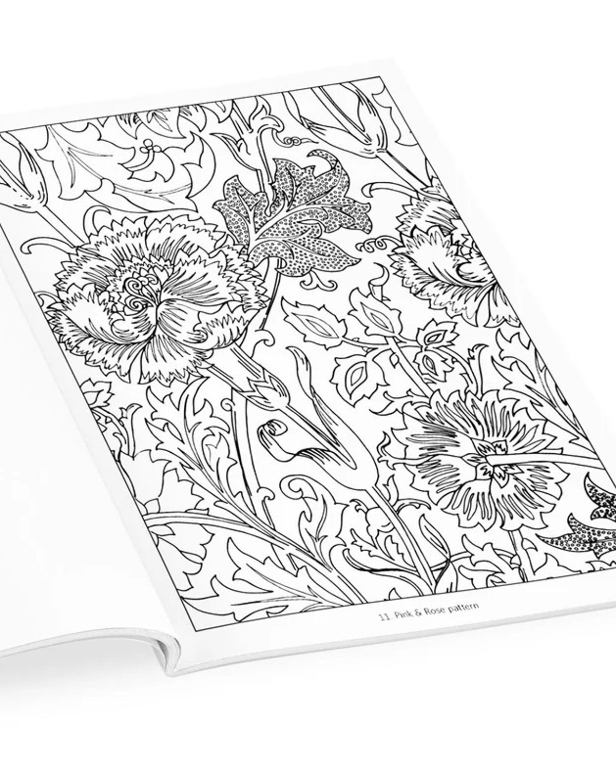William Morris coloring page with detailed line drawings of blooms and leaves