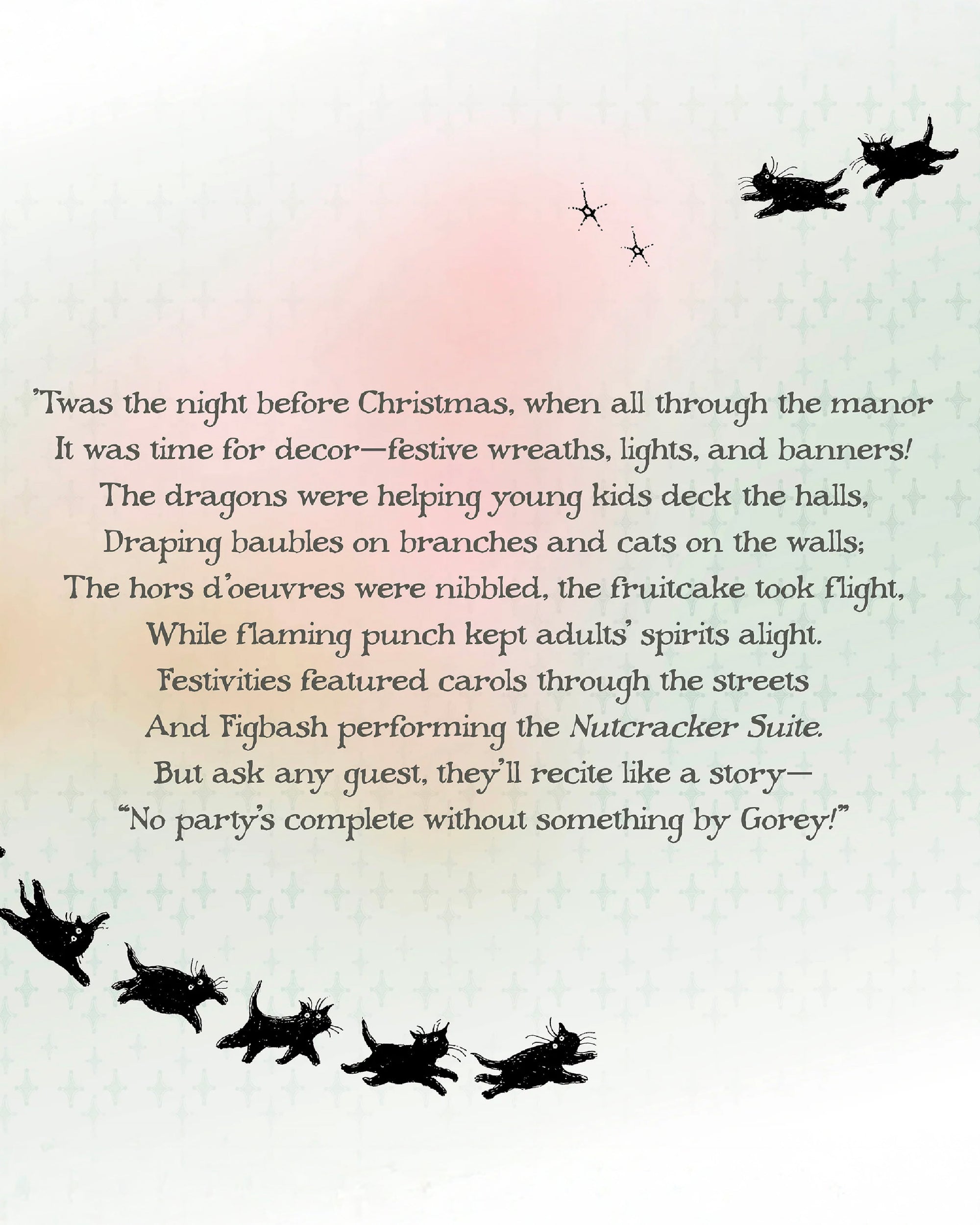 Text poem from Edward Gorey's Eclectic Decor about Christmas decor with black cat illustrations on a gradient background