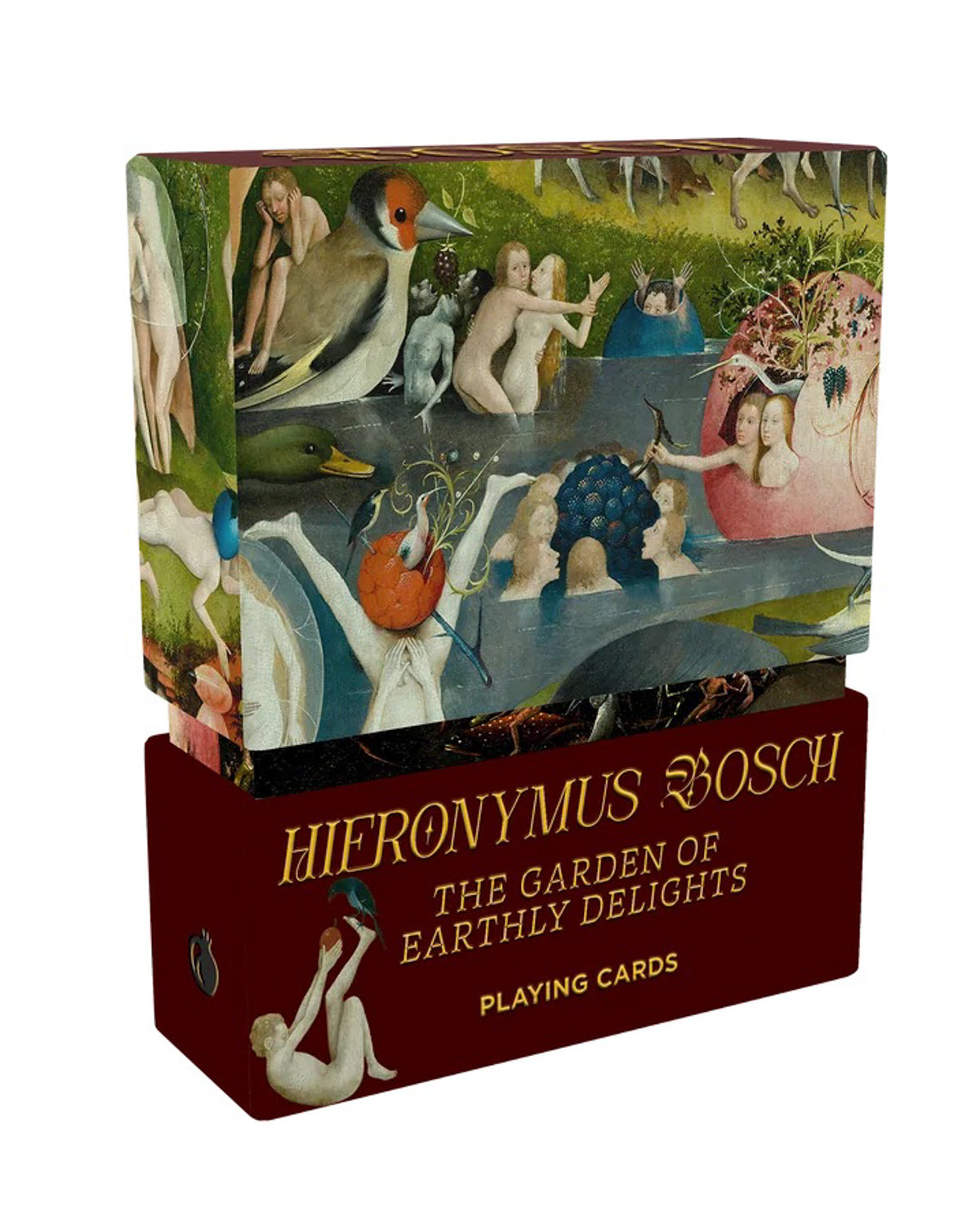 Hieronymus Bosch The Garden of Earthly Delights playing cards box in burgundy and gold
