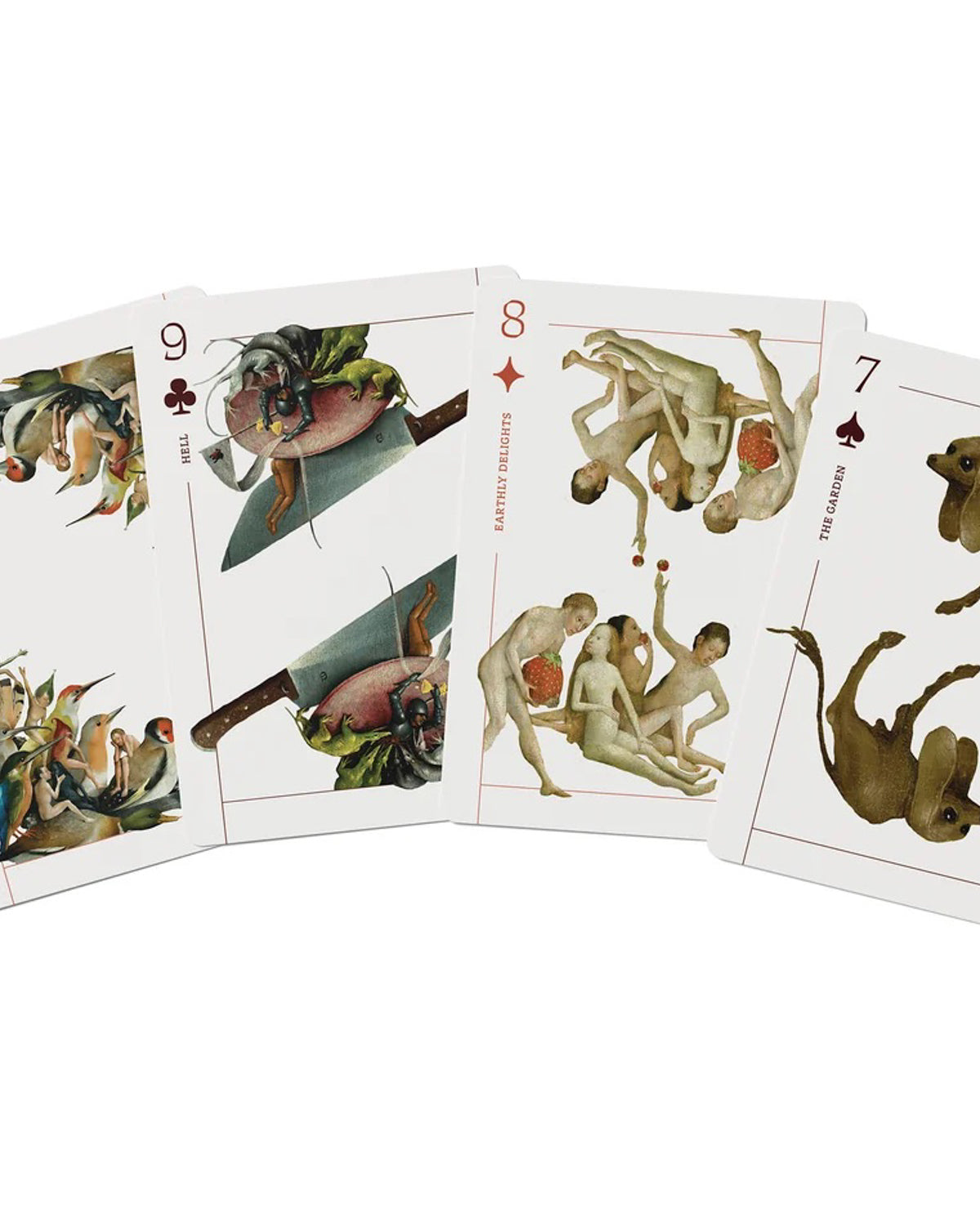 Row of Bosch playing cards showing strange creatures from The Garden of Earthly Delights