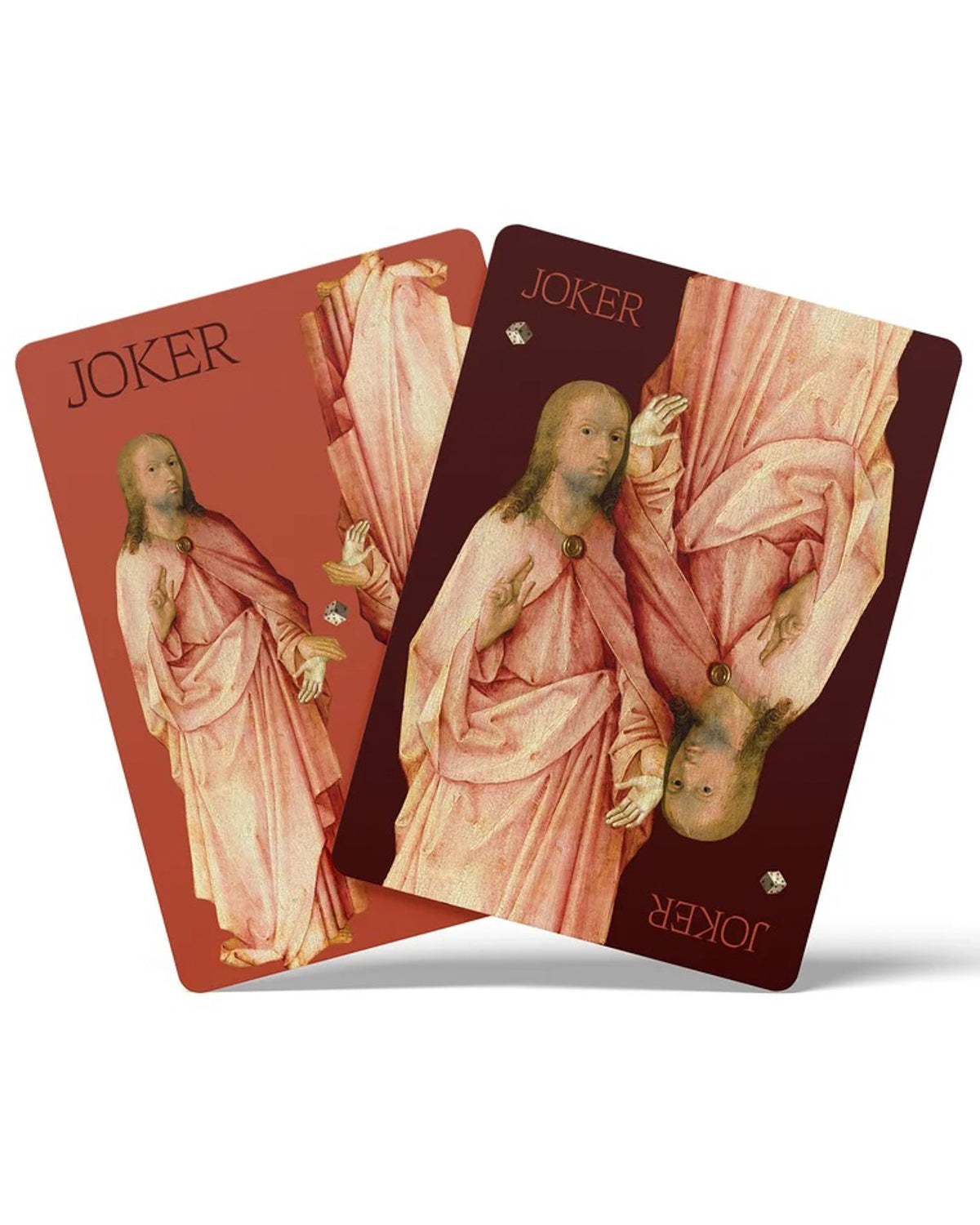 Two joker cards from the Hieronymus Bosch deck with robed figures in coral and burgundy