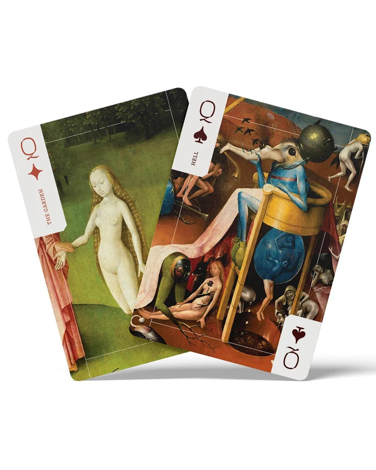 Two Hieronymus Bosch queen playing cards showing figures from The Garden of Earthly Delights
