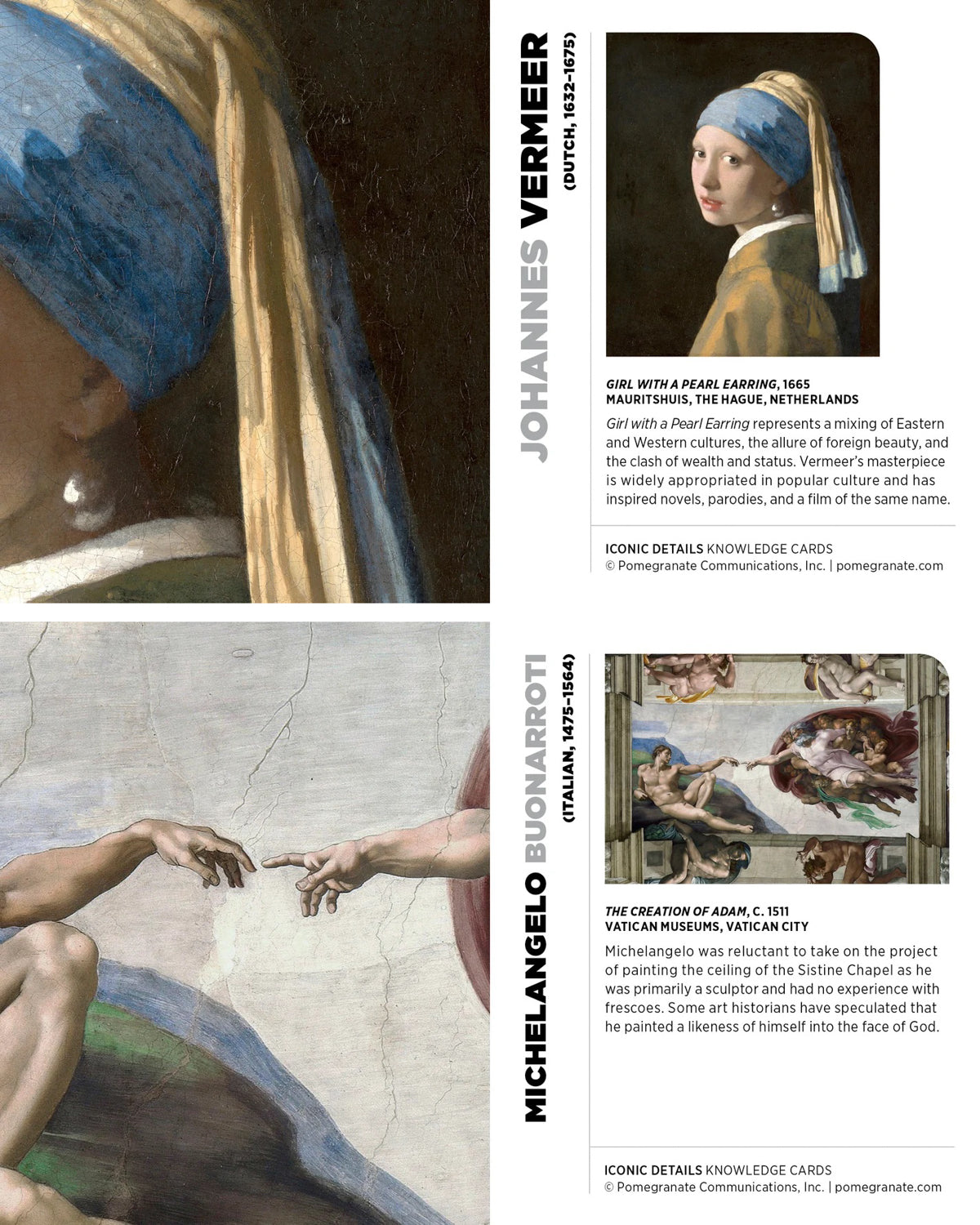 Iconic Details cards with zoomed-in painting details and answer cards for Vermeer and Michelangelo