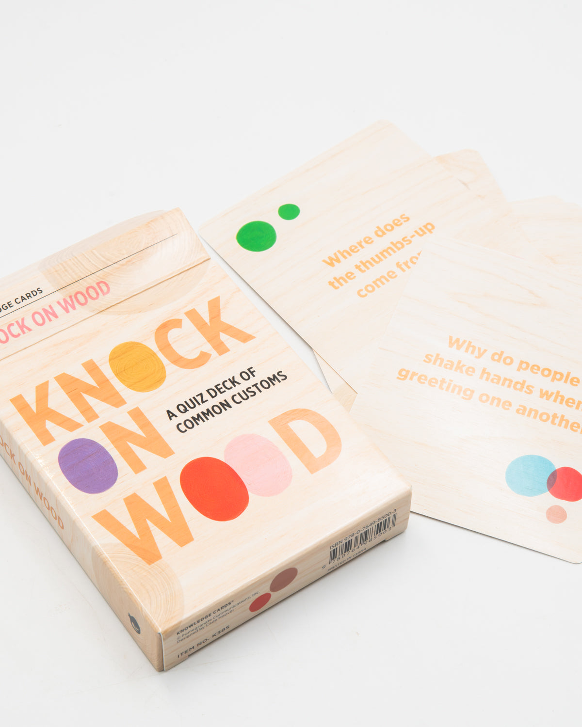 Knock on Wood quiz deck box with question cards about common customs