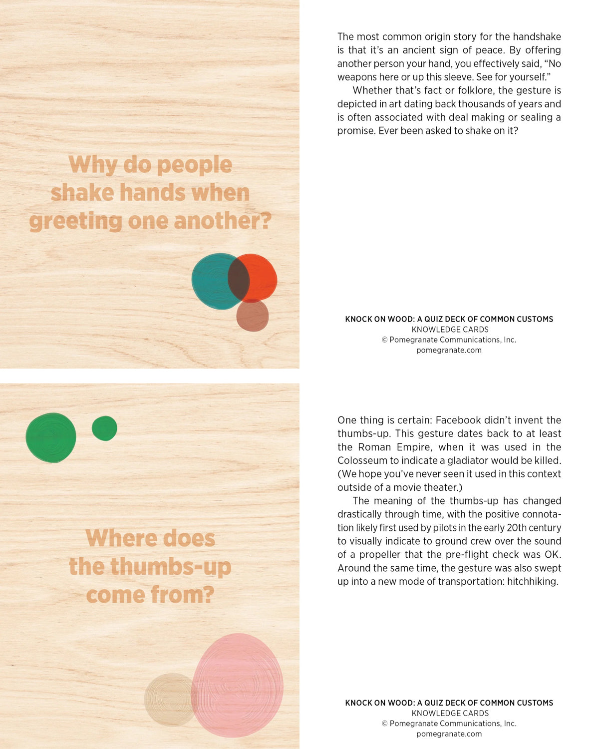 Two Knock on Wood cards asking why we shake hands and where the thumbs-up comes from