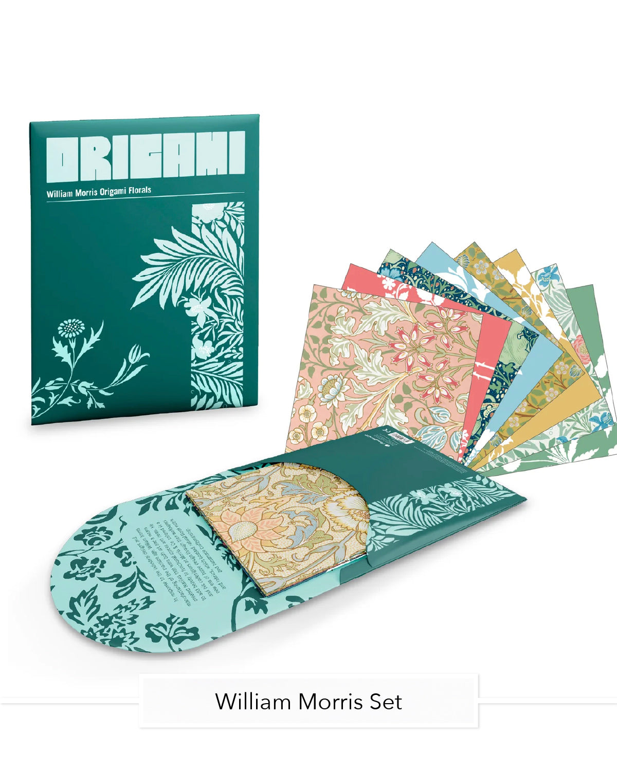 William Morris origami set with its teal folder and floral patterned origami papers
