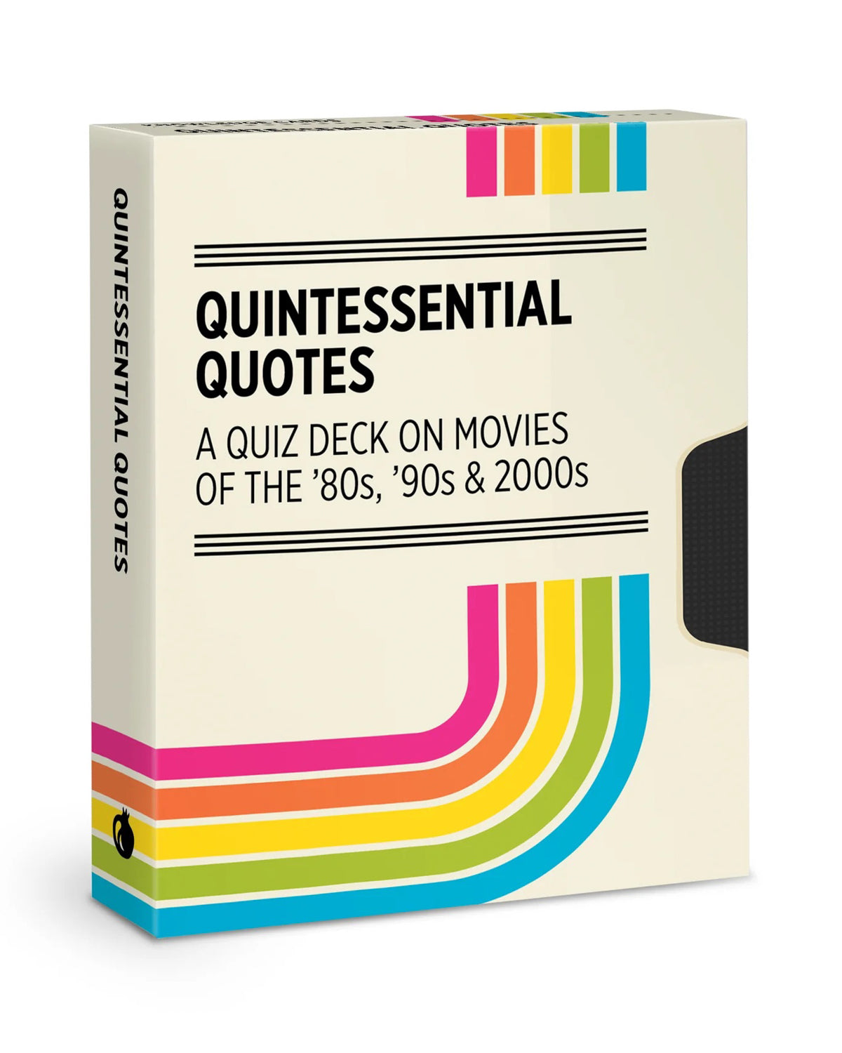 Quintessential Quotes movie quiz deck box in cream with rainbow stripes