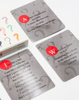 Riddles Vol. 1 cards with rhyming riddles in black type on gray, each marked with a red letter