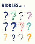 Cover of Riddles Vol. 1 by Emmanuel Williams, covered in colorful question marks