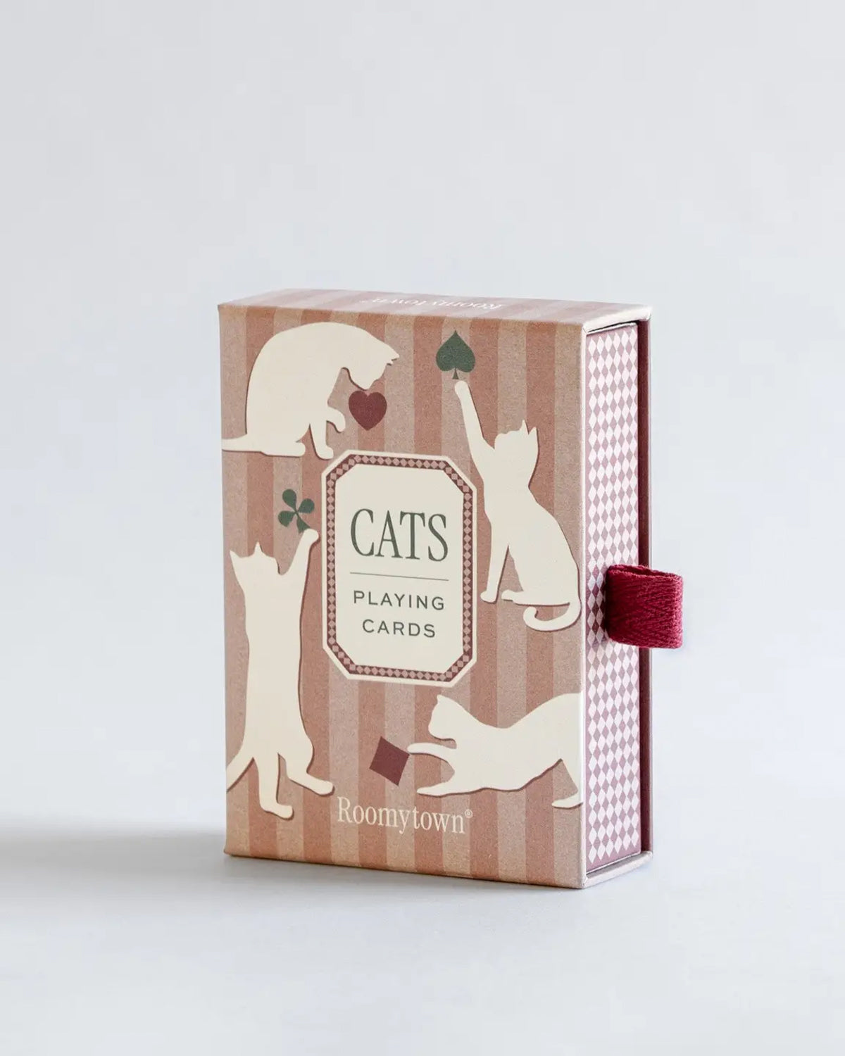 Roomytown Cats playing cards box in dusty rose stripes with white cat cutouts