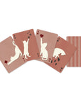 Five Cats playing cards fanned out with cat silhouettes and red and gold suits