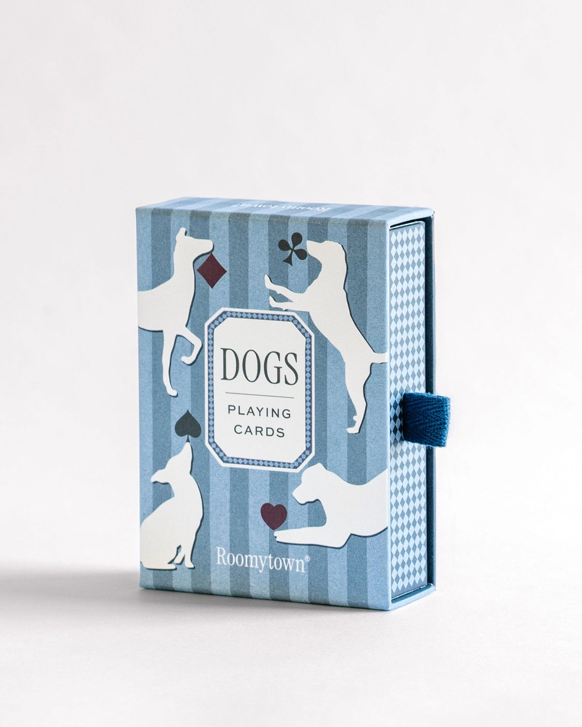 Roomytown Dogs playing cards box in dusty blue stripes