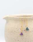 amethyst and labradorite triangle gemstone necklaces on a gold-filled chain