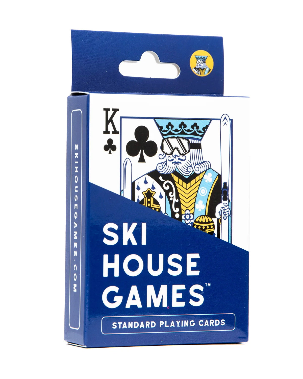 Ski House Games standard playing cards box with a skier King of Clubs on the front