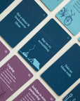 Navy and plum self-care prompt cards like Say no to something and Take an ideas walk