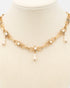 Close up of delicate wire filigree necklace with cultured pearls, gold-filled clasp, 15in chain with extender, 1940s-50s vintage