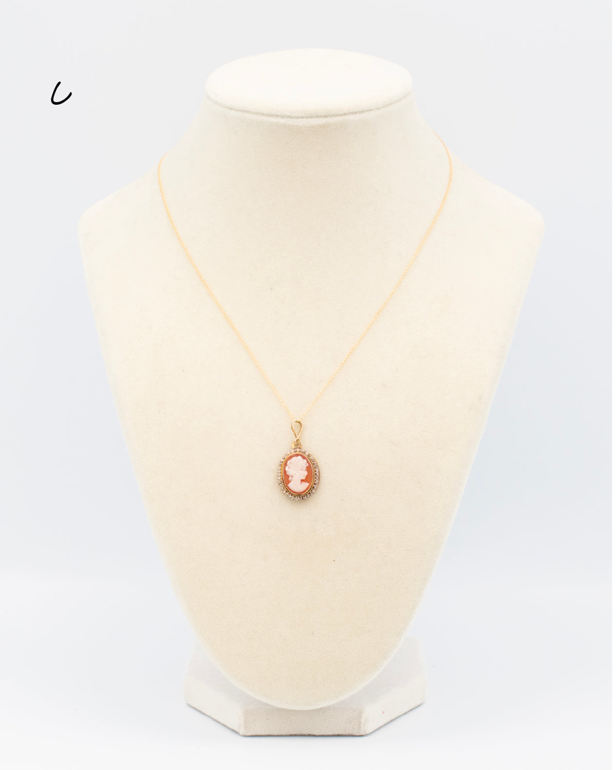 Hand-carved shell cameo in ruffle-edge gold-filled setting on 18&quot; deadstock gold-filled chain