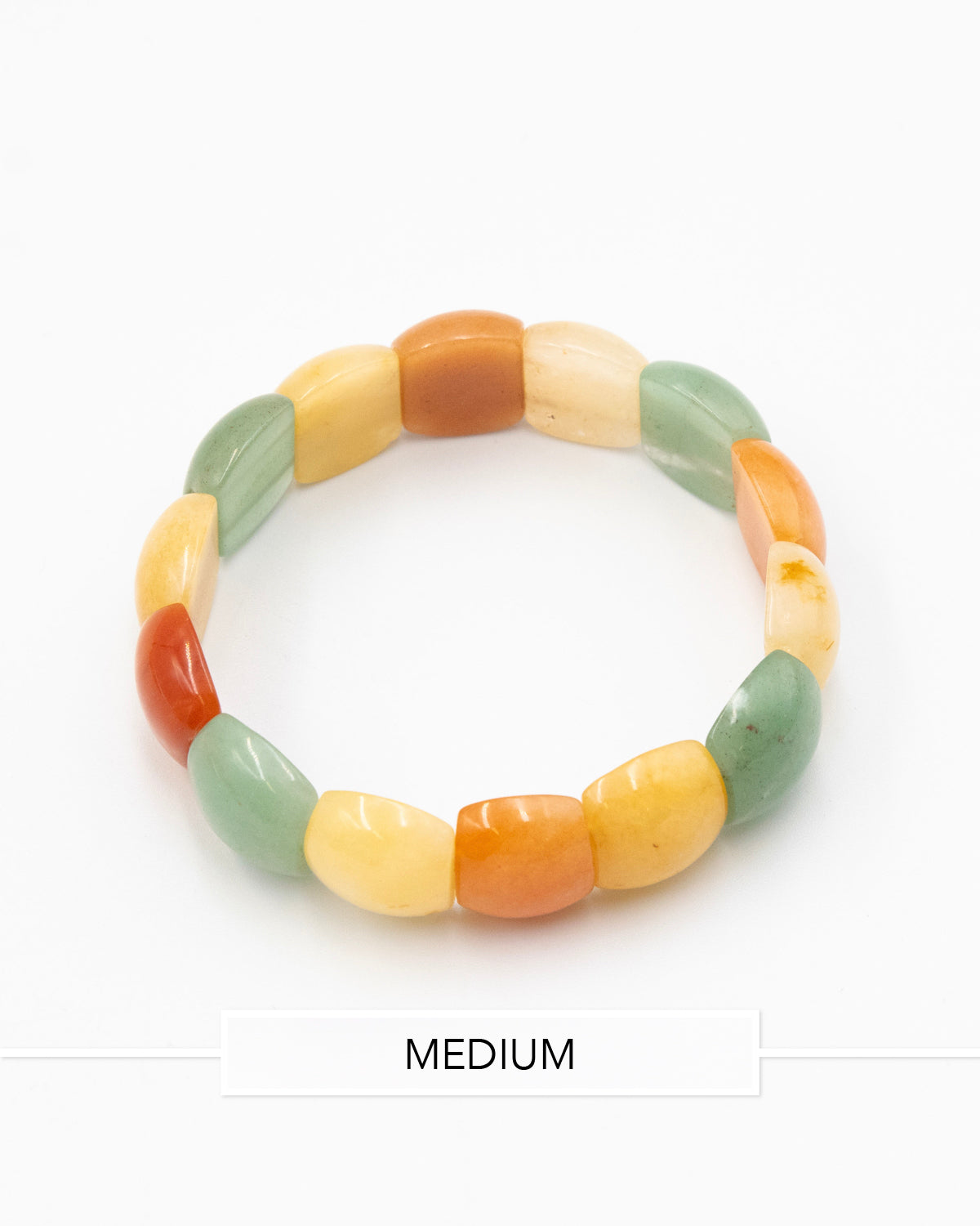 Chicklet agate stone bracelet with flat rectangular beads in green, orange, yellow, and white tones displayed against a white background.