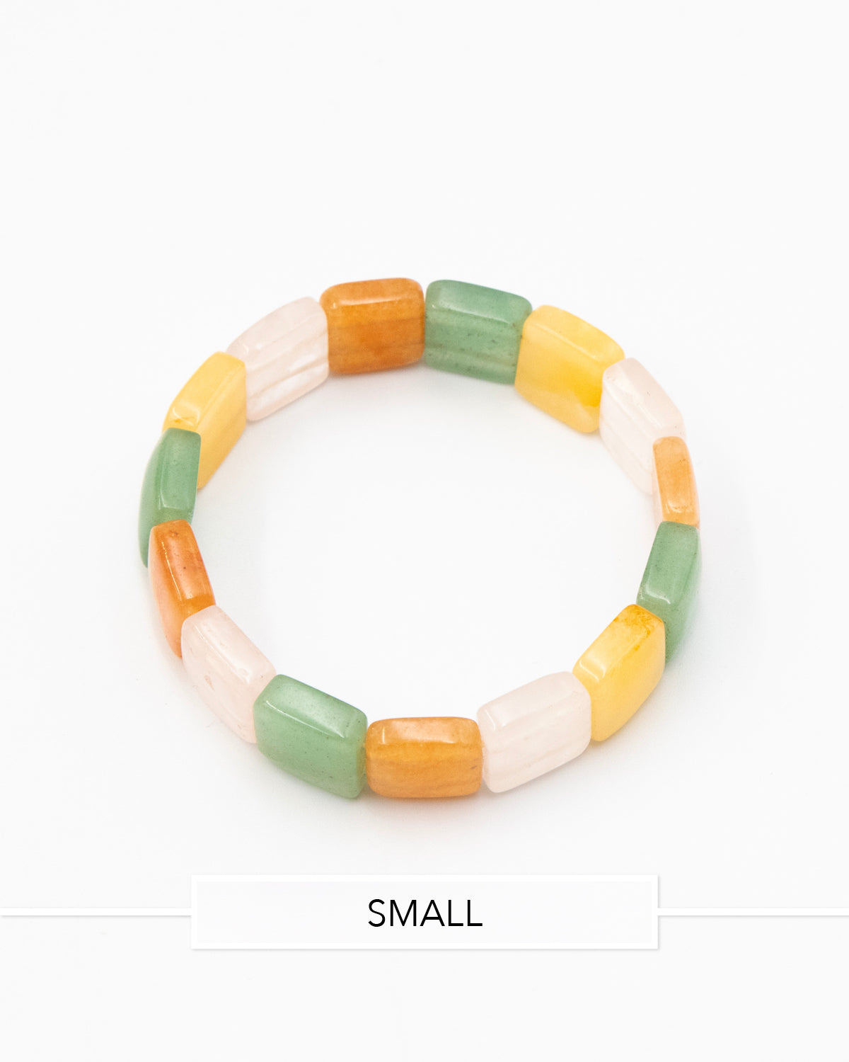 Single chicklet agate stone bracelet featuring rectangular multicolor beads in green, orange, yellow, and cream photographed flat against a white background.