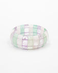 Single fluorite beaded stone bracelet with translucent green, purple, and clear beads photographed flat against a white background.