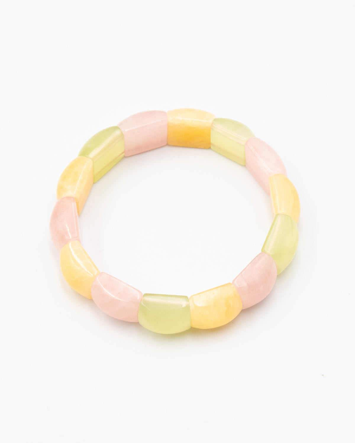 Single rainbow agate beaded stone bracelet in soft pink, yellow, and green hues photographed flat against a white background.