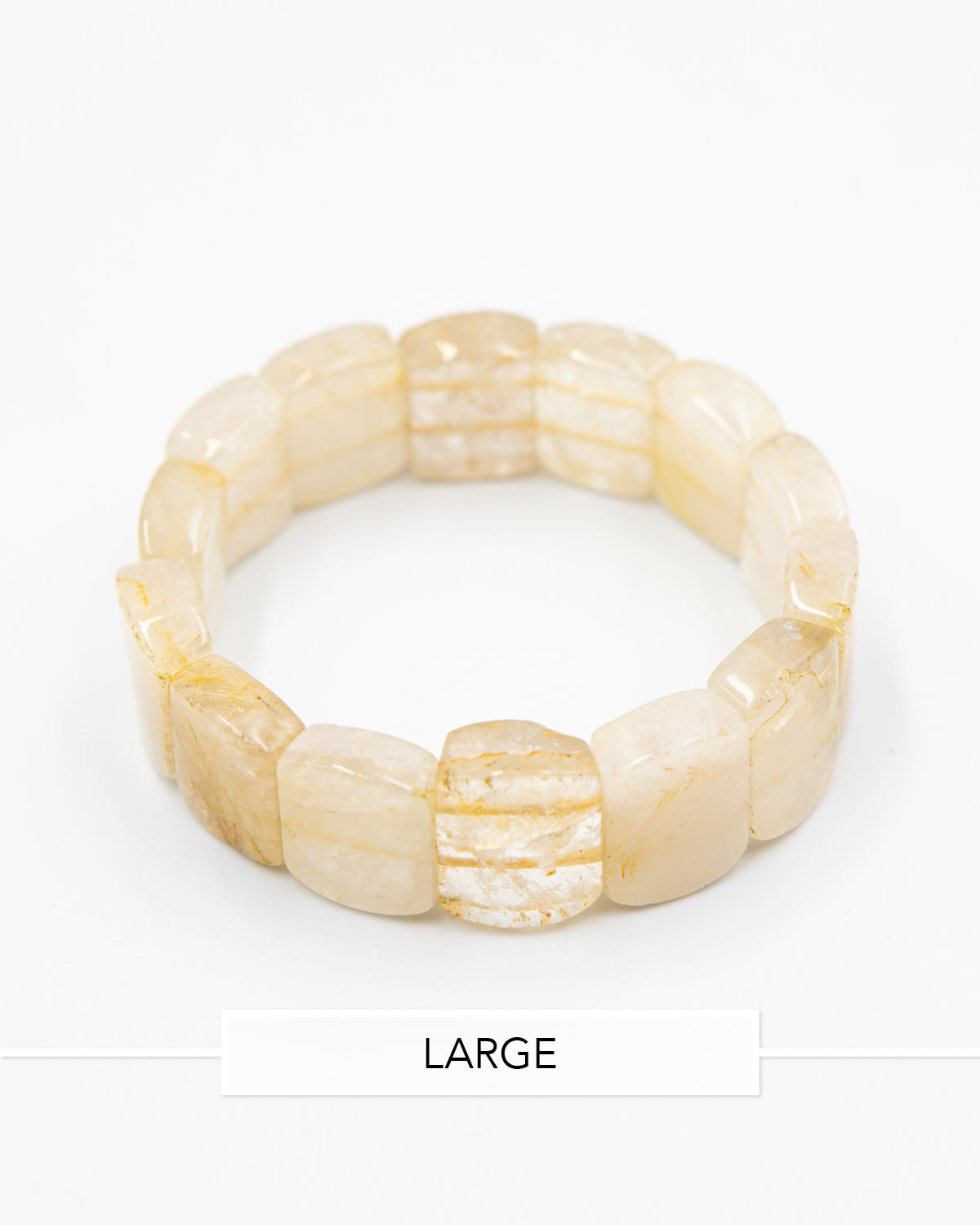 Rutile quartz beaded stone bracelet displayed flat against a white background, showcasing its golden hair-like inclusions.
