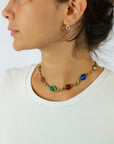 A close-up side profile of a woman wearing a gold-toned choker necklace with colorful oval cabochon scarab stones in green, red, and blue, paired with a white crewneck top.