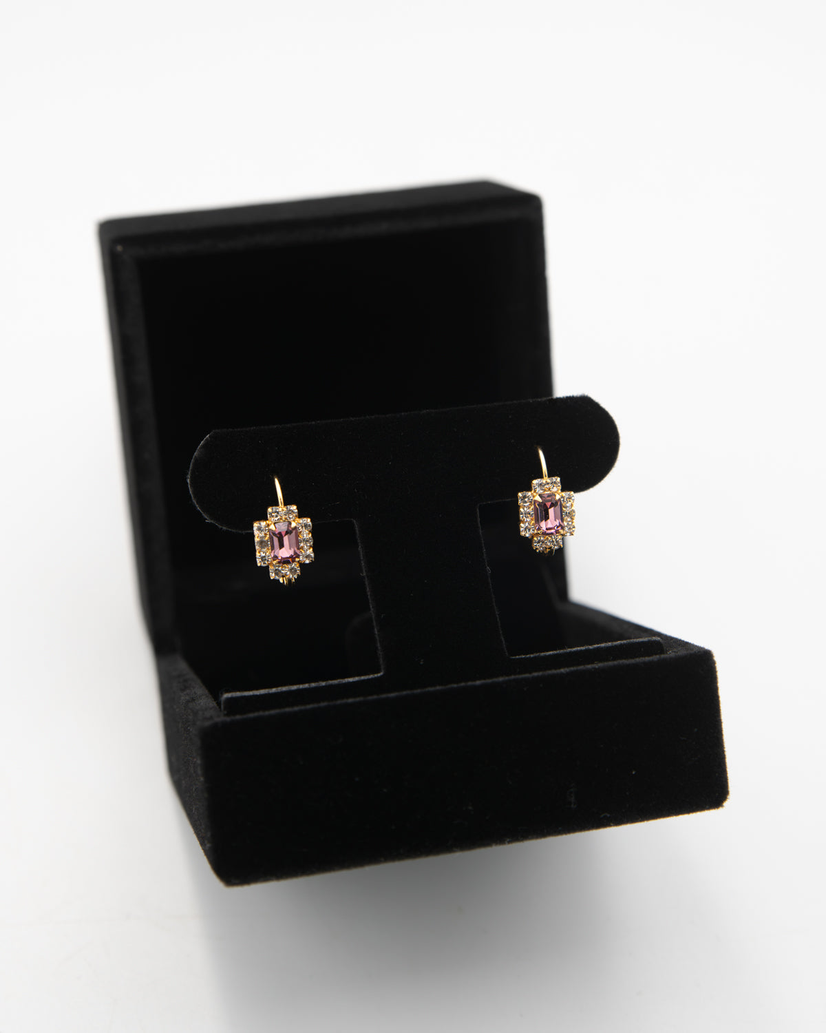Violet Hour vintage leverback earrings displayed in a black velvet jewelry box