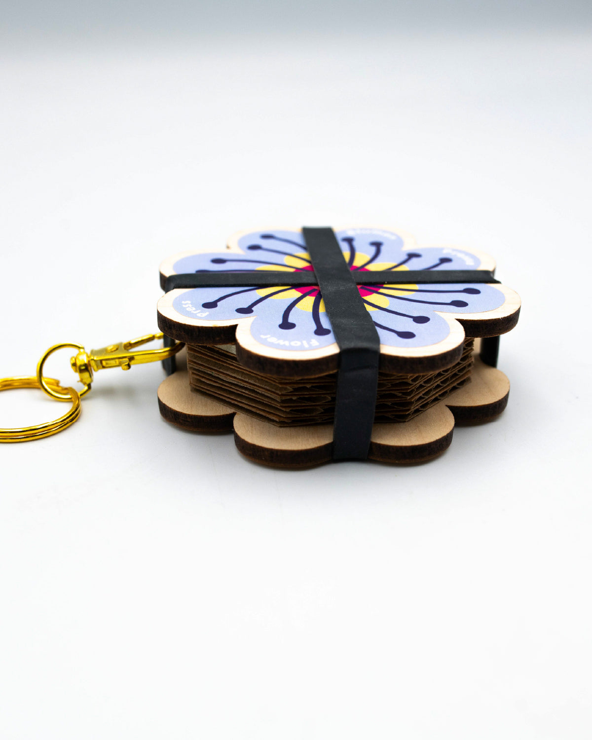Side view of the flower press keychain showing its wood layers and black elastic bands