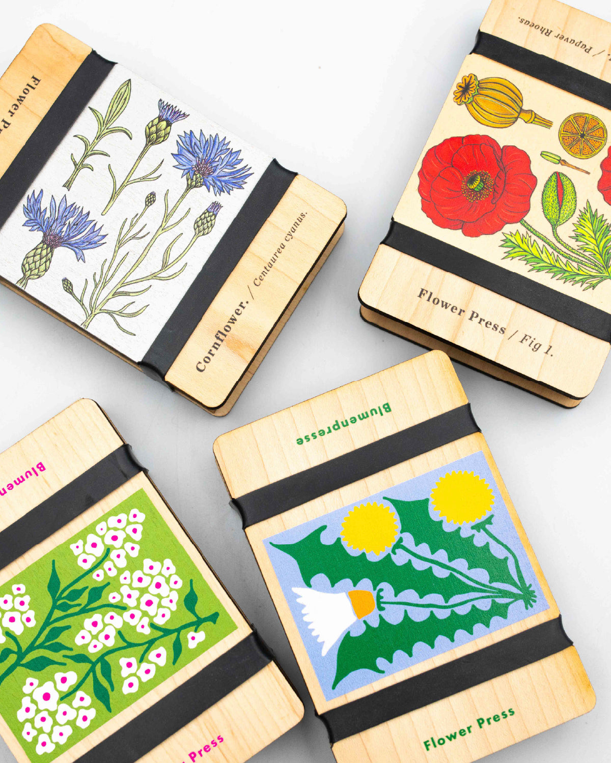 Four Studio Wald wooden flower presses in cornflower, poppy, dandelion and forget-me-not prints