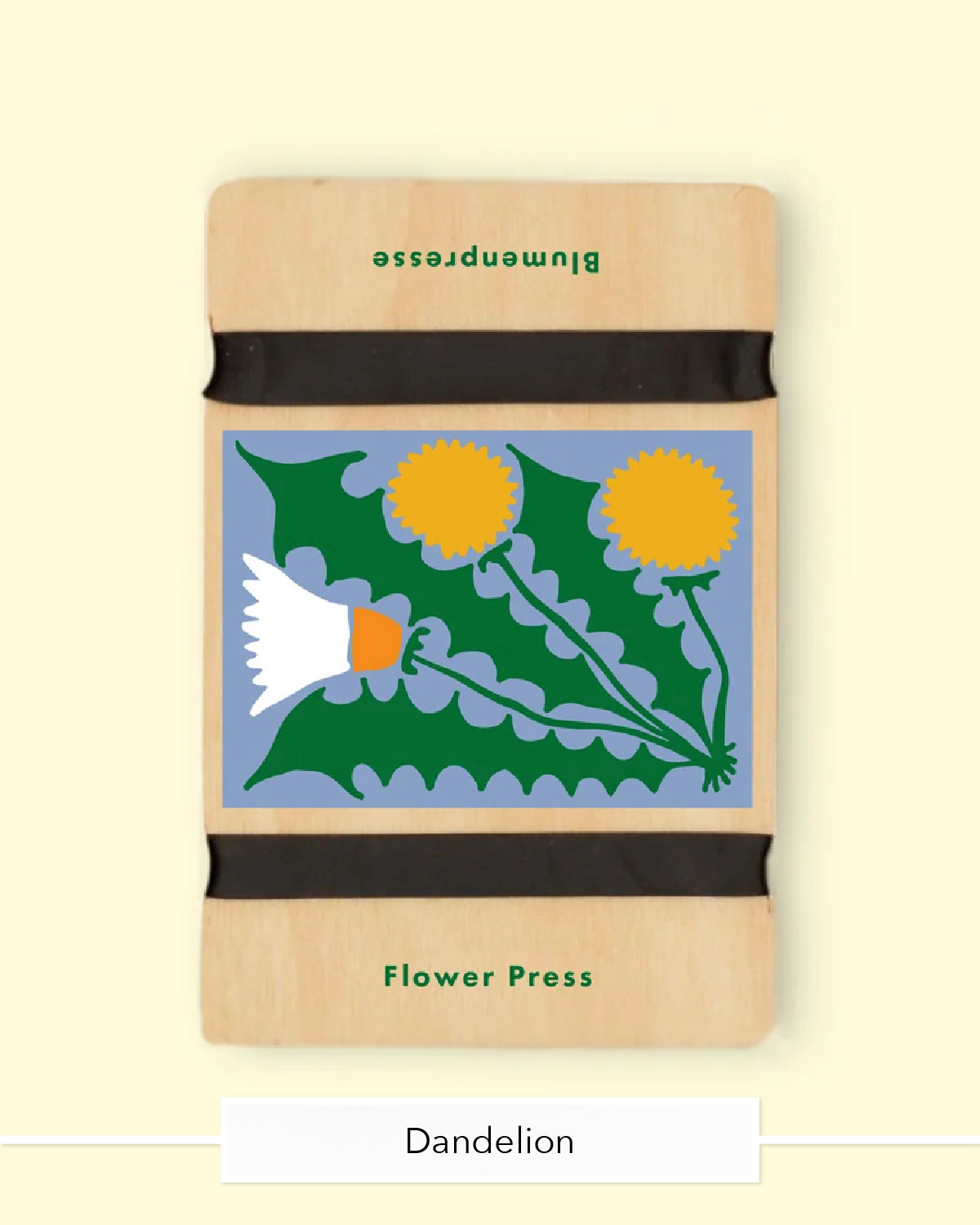 Studio Wald wooden flower press in the Dandelion design in green, blue and yellow