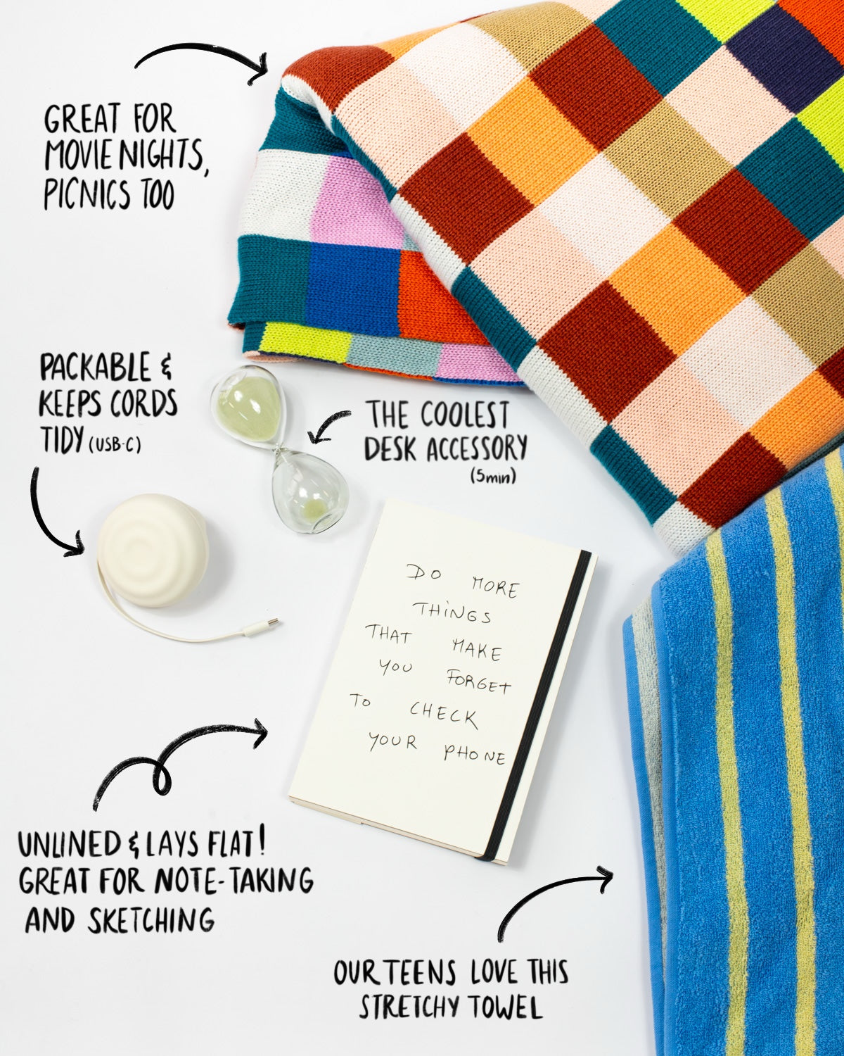 A styled flat-lay of a colorful patchwork knit blanket and a blue striped knit towel on a white background, with handwritten callouts and arrows describing uses such as movie nights, picnics, desk accessory, note-taking, and stretching.