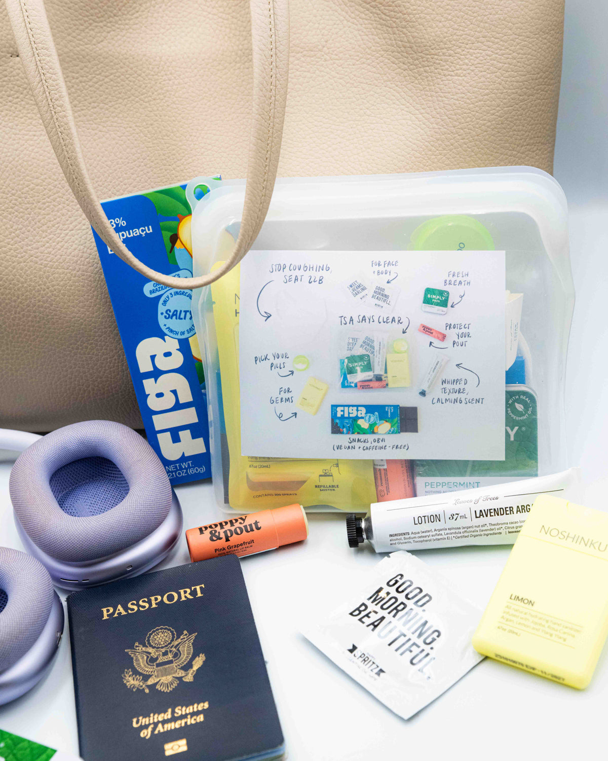 The TME Flight Kit — long-haul travel essentials in a clear TSA-friendly silicone pouch.